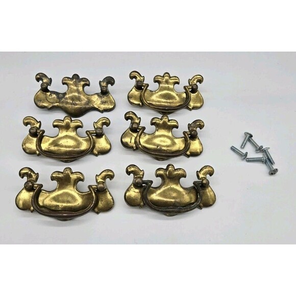 6 Vintage Dresser Drawer Furniture Pulls Handles With Screws Hardware Gold 3677 - Picture 3 of 16